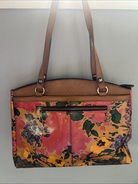 Patricia Nash Pink Floral Tote with Brown Trim